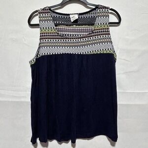 Agenda‎ Women's Tank Top Geometric Print Boho Sleeveless Blouse Navy Blue XL